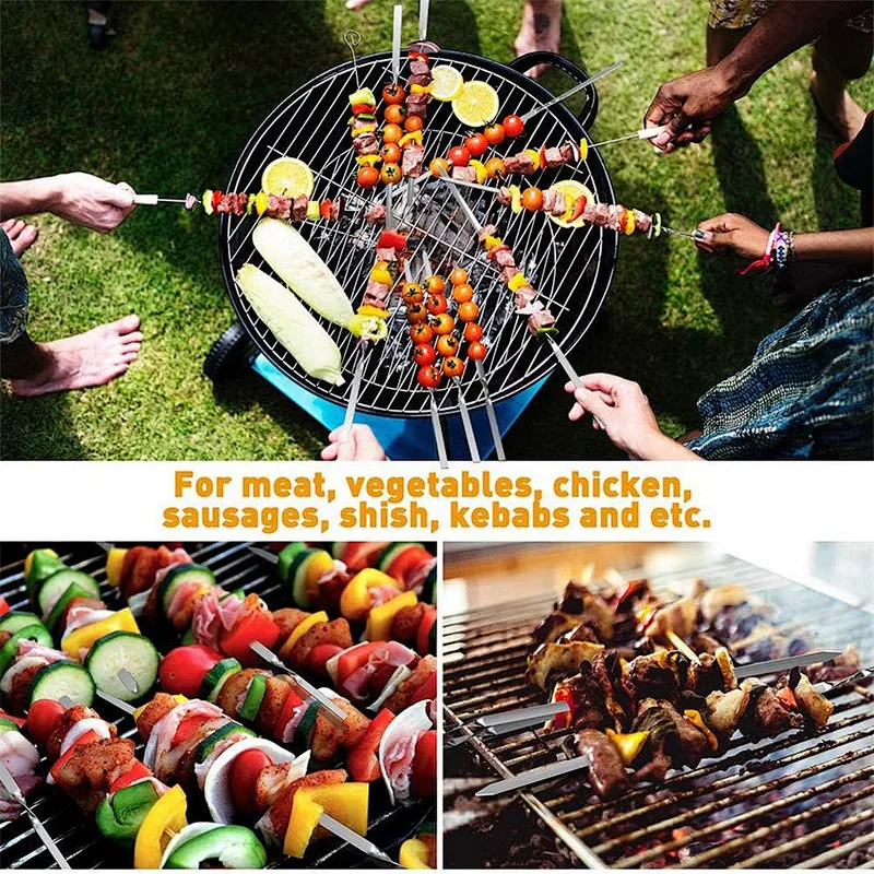 12PCS Stainless Steel BBQ Skewers Grill BBQ Tools Reusable Grilling Skewers Set