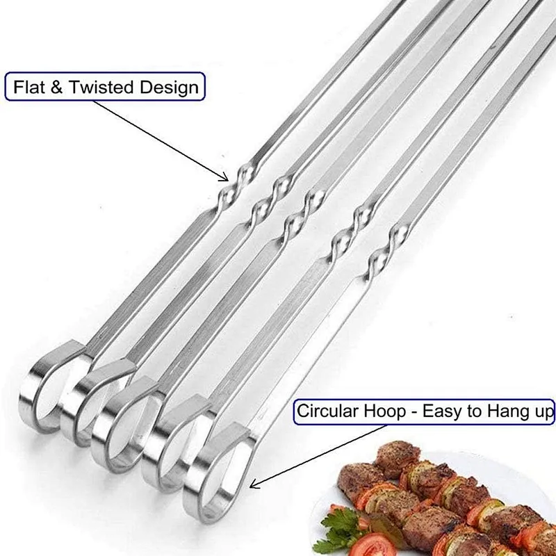 12PCS Stainless Steel BBQ Skewers Grill BBQ Tools Reusable Grilling Skewers Set